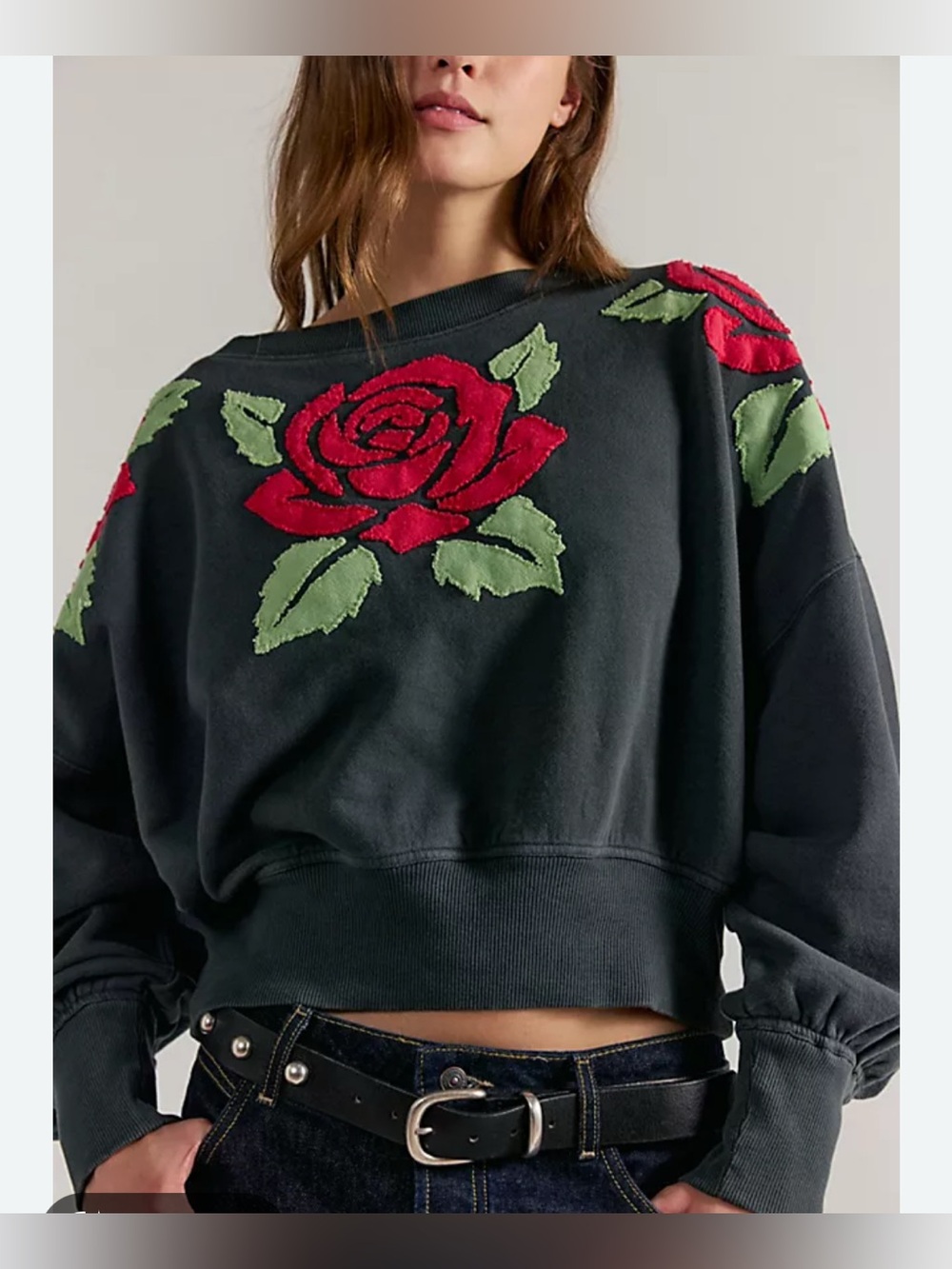 Free People NWT Embroidered Roses Floral Oversized Pullover Sweatshirt size S